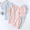 Três peças de pijamas de estilo japonês mulheres primavera e verão outono 100% algodão gaze de mangas curtas calções de mangas curtas terno HO 210830