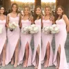 2021 Sexy Arabic Blush Pink Bridesmaid Dresses Spaghetti Straps Sweetheart Elastic Satin Side Split Party Wedding Guest Gowns Maid Of Honor Dress
