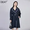 {Deat} Kadınlar Donanma Mavi Büyük Boy Beden Midi Siper Yaka Uzun Kollu Gevşek Fit Rüzgarlık Moda Gelgit İlkbahar Sonbahar GX163 210421