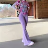 90年代Y2Kフレアジーンズ女性ハイウエストファッションストリートウェアパープルストレッチバギーママワイドレッグパンツリッピングデニムズボン211129