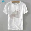 Hommes été T-shirts haute qualité coton lin à manches courtes géométrique broderie t-shirt mâle japon Style Simple Chic pull hauts H1218