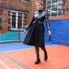 2021 Kış PU Patchwork Sashes Elbise Uzun Kollu Standı Yaka Bir Çizgi Vintage Moda Siyah Katı Zarif Diz Elbiseleri