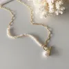 Colliers de perles d'eau douce naturelles Vintage coréens pour femmes couleur or chaîne à maillons asymétrique fermoir à bascule cercle collier ras du cou