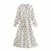 ZA White Print Poplin Midi Summer Jurk Dames Lange Mouw Elegante Gebonden Zelfriem Party Jurken Vrouw Zijpjes Vestidos 210602