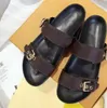 Designer Slippers Slides Flip Flops Leather Sandal With Adjusted Gold Buckles Women Summer 2 Straps Have Box Size 42