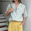 Nomikuma Verão único breasted manga curta blusas mulheres cor sólida ligeiramente transparente elegante camisas blusas 3a131 210514