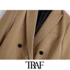 Frauen Mode Büro Tragen Zweireiher Blazer Mantel Vintage Langarm Taschen Weibliche Oberbekleidung Chic Tops 210507