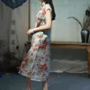 Johnature Women Chinese Style Dresses Stand Ramie High Quality A-line Robes Print Floral Summer Button Female Dresses 210521