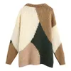 Стильные контрастные цвета свитера женские мода свободные O шеи пуловеры элегантные дамы с длинным рукавом трикотаж 210520