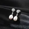 Fine 925 Sterling Silver Pearl CZ Zircon 9mm Dangle Teardrop Earrings Stud Bridal Betrothal Jewels