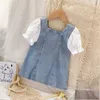 Mode Baby Mädchen Jean Spitze Gepatcht Kleid Puff Sleeve Infant Kleinkind Mädchen Sommer Denim Vestido Baby Kleidung 1-10Y Q0716