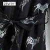 Kvinnor Elegant Animal Print Shirt Klänning Kontor Lady Slå ner Krage Zebra Mönster Bow Slips Sashes Vestido Chic Dresses DS4140 210623