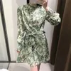 Dresses Green Print T Shirt Mini Women Summer Retro Button Up Woman Long Sleeve Going Out Vestidos Bow Belt 210430