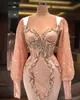 Plus storlek arabiska aso ebi lyxiga sjöjungfrun sexiga prom klänningar peach rosa spets pärlstav långa ärmar kväll formella parti andra mottagning klänningar klänning