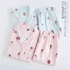 Taze 100% Gazlı Bez Pamuk Pijama Set Bahar Yaz Japon Kawaii Çilek Homewear Rahat Uzun Kollu Pijama 210809