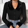 Mode zwarte lange mouwen pluizige turn-down kraag knop lente herfst vrouwen shirt bijgesneden top slanke elastische casual tops 210508