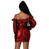 ブラック/レッドプーフェイクレザーセクシーなラップドレス女性ファッションオフランタンスリーブ包帯秋のフリルバックレスミニローブカジュアルドレス