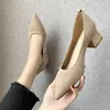 2020 Mulheres Bombas Primavera Verão Stretchy Tecido Med Chunky Saltos Sapatos Deslize em Sexy Pointed Toe Trabalho Escritório Casual Diário Sapato HWS323