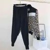 Tracksuit Women Leopard Knit Zip Cardigan Tops+Pants Suit 2PCS Sets Long Sleeve Jacket Coat Woman Casual Sweater Trousers Suits 211105