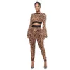 Trendig Chic Party och Club 2 Piece Outfits för Kvinnor Sätter Leopard Tryckt Flare Sleeve Crop Top Skinny Pencil Pants Byxor 210525