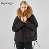 Lagabogy Énorme Réel Fourrure De Raton Laveur Femmes Hiver À Capuche Court Chaud Vers Le Bas Parkas Femme 90% Duvet De Canard Blanc Manteau Doublure Amovible 211130