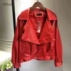 Chaqueta de piel sintética para mujer, abrigo de motociclista corto con manga de murciélago, prendas de vestir Punk Vintage, chaquetas de moto rojas y verdes para novio 210430