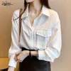 Vår sommar lös långärmad solid vit skjortor toppar chiffong skjorta blusar kvinnor koreanska kontor casual dames blus 210527