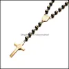 Hanger Kettingen Hangers Sieraden Meaeguet Zwart / Goud Kleur Lange Rozenkrans Ketting Voor Mannen Dames Roestvrijstalen Bead Chain Cross Womens Me