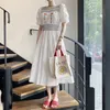 elegancki haft w talii elegancka sukienka samica średniej rękawa średnia spódnica lato koreański moda odzież damska 210520