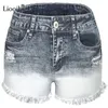 Jeans curtas de buraco de retalhos de liooil com borla mulheres cintura alta botão zíper bolsos feminino lavado plus size shorts sexy 210323