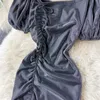 Shinning Night Club Dress Sexy Vestidos Puff Short Sleeve O-neck Drawstring Ruched Mini Bodycon Casual Korean 210603