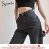 Syiwidii taille haute jean pour femmes noir Denim pantalon vêtements à lacets épissé pantalon droit mode Vintage Streetwear 210809