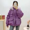 Winter Women Big Natural Fur Collar 90% White Duck Down Coat Safari Style Loose Purple Thick Warm Snow Parka Outwear 210430
