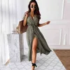 Robe mi-longue fendue à col en V pour femme, tenue d'été à pois, grande taille, style bohème, plage, vacances, X0521