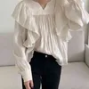 Ezgaga Sweet Women Blouse Koreaans Chic Spring Tender Elegant Ruched Patchwork Losse Solid Puff Sleeve Ladies Shirts Mode 210430