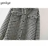 Vintage Houndstooth oversize jas vrouwen lange mouw revers kraag enkele breasted herfst bovenkleding rafelige randpakketten jas 210514