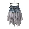 Women Denim Mesh Patchwork Lace Skirt High Waist A Line Asymmetric Frill Tulle Gothic Chic Skirts 210629