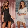 Women Dress Sexy Lace Floral Print Cocktail Party V-Neck Irregular Hem Slim Gowns High Waist Ruffles Elegant Ladies Clothing 210522