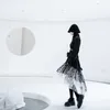 [EAM] Women Black Snowflake Mesh Asymmetrical Dress Lapel Long Sleeve Loose Fit Fashion Spring Autumn 1DD5955 210512