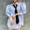 여성용 백이없는 레이스 위로 셔츠 옷깃 부프 슬리브 패치 워크 타이 캐주얼 한국 블라우스 여성 패션 의류 210524