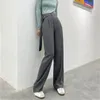 Nomikuma 봄 한국어 한국어 우아한 긴 바지 벨트 높은 허리 여성 바지 인과 솔리드 스트레이트 바지 Mujer Pantalones 6F556 210427