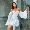 Sexy Bodycon Women Dress Female Lantern Sleeve Y2K Corset Chiffon Dresses White Autumn Beach Vacation Outfit Elegant Party Dress 210422