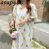 Chic Korean Sweet Fresh V Neck Puffed Puff Short Sleeve Floral Dress Loose Vestidos de Mujer Fashion Summer Women Clothing 210610