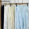 Nomikuma Kvinnor Sommar Kjolar Lace Cut Out Stretch High Waist A Line Midi Skirt Kvinnor Koreansk stil Chic Faldas Mujer 210514