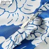 Zevity Donne Vintage Blue Floral Stampa Lato Pieghettato Pieghettato Smock Blusa Ufficio Ladies Flare Sleeve Camicie Chic Blusas Tops LS7707 210603