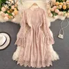 Neploe Lace Hollow Out Design Elegant Dress Women O Neck Flare Long Sleeve Solid Vestidos High Waist Hip A Line Long Robe Spring 210423