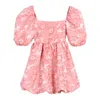 Peut-être U Summer Femmes Élégant Doux Rose Blanc Jacquard Dos Nu Manches Bouffantes Col Carré Robe De Bal Robe Courte D3042 210529