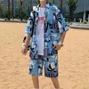 남성용 트랙스 캐주얼 반바지 스웨트 스웨트 한국어 패션 세트 하와이 셔츠 두 조각 세트 2021 여름 농구 힙합 의류