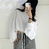 Moda Z Długim Rękaw Bawełniana Biała Bluzka Kobiety Koreański O-Neck Plus Rozmiar Krótka Czarna Koszula Casual Luźne Topy 11981 210512