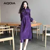 Spring Fashion Vintage Women Long Dress Turn Down Collar Velvet Button Up es Sashes Ladies Party 210521